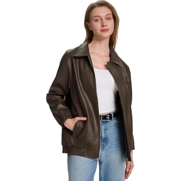 Women's Brown Faux Leather Zip-Up Jacket with Elastic Cuffs and Collar - Picture 5 of 7